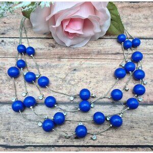 Silver Tone Multi Strand Cobalt Blue Bead Crystal Statement Collar Necklace 16"
